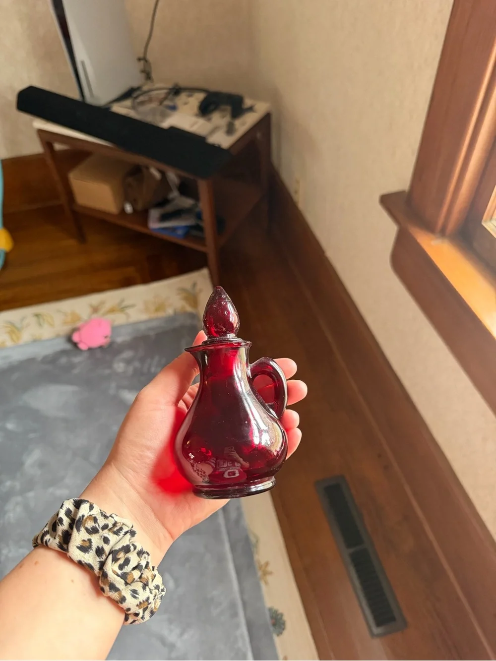 Ruby Red Glass Cruet Bottle with Strawberry Stopper - Avon